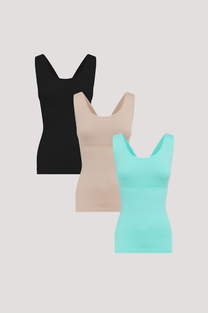 Women's shaping vest 3pk | Bella Bodies UK | Black, Sand, Aqua