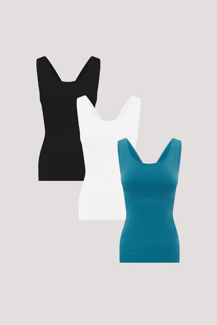 Women's shaping vest 3pk | Bella Bodies UK | Black, White, Blue Teal