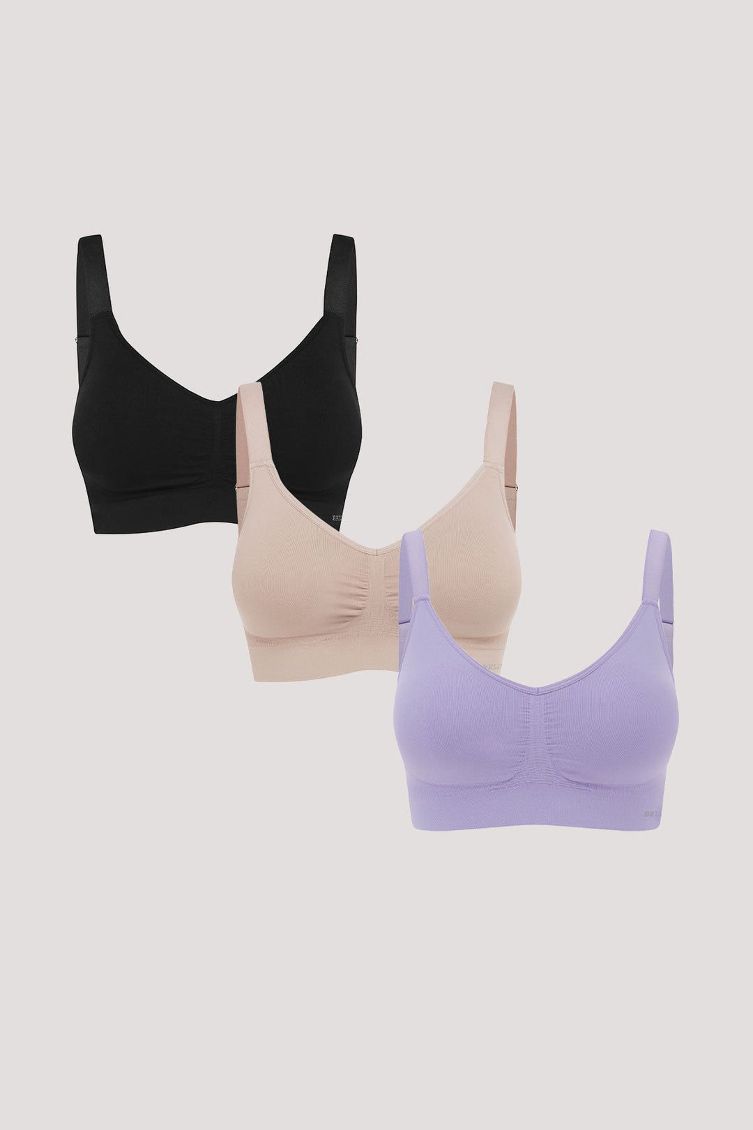 Back smoothing, no wired bras 3pk | Bella Bodies UK | Black, Sand, Lavender