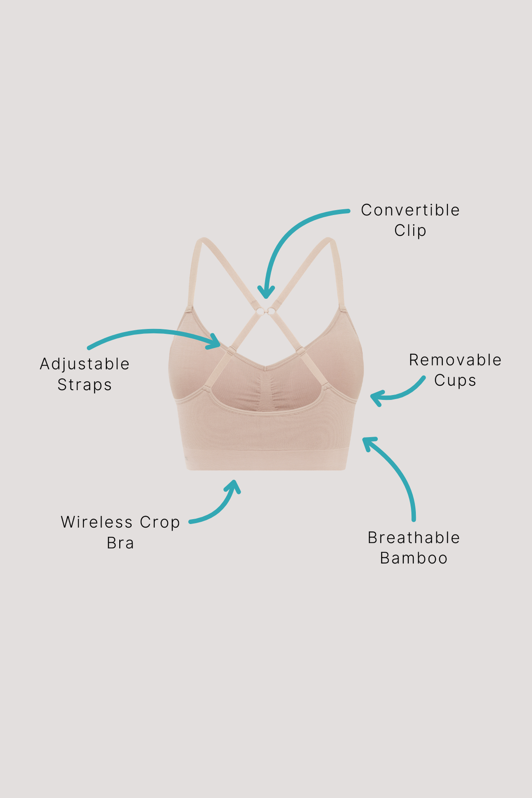  Bamboo Underwire-free, convertible, adjustable Crop Bra | Bella Bodies UK | Key Points