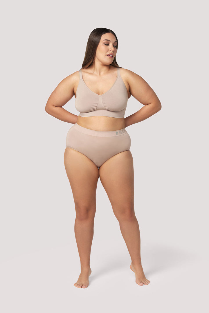 Bamboo High Waist Knicker and matching Bamboo wireless crop bra set | Bella Bodies UK | Sand
