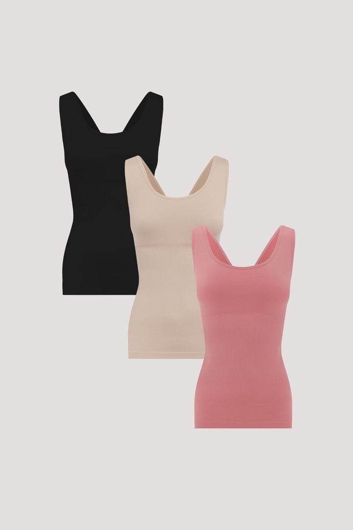 Women's shaping vest 3pk | Bella Bodies UK | Black, Sand, Rose Pink