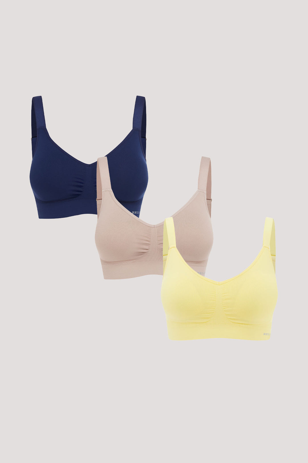 Back smoothing, no wired bras 3pk | Bella Bodies UK | Navy, Sand, Lemon