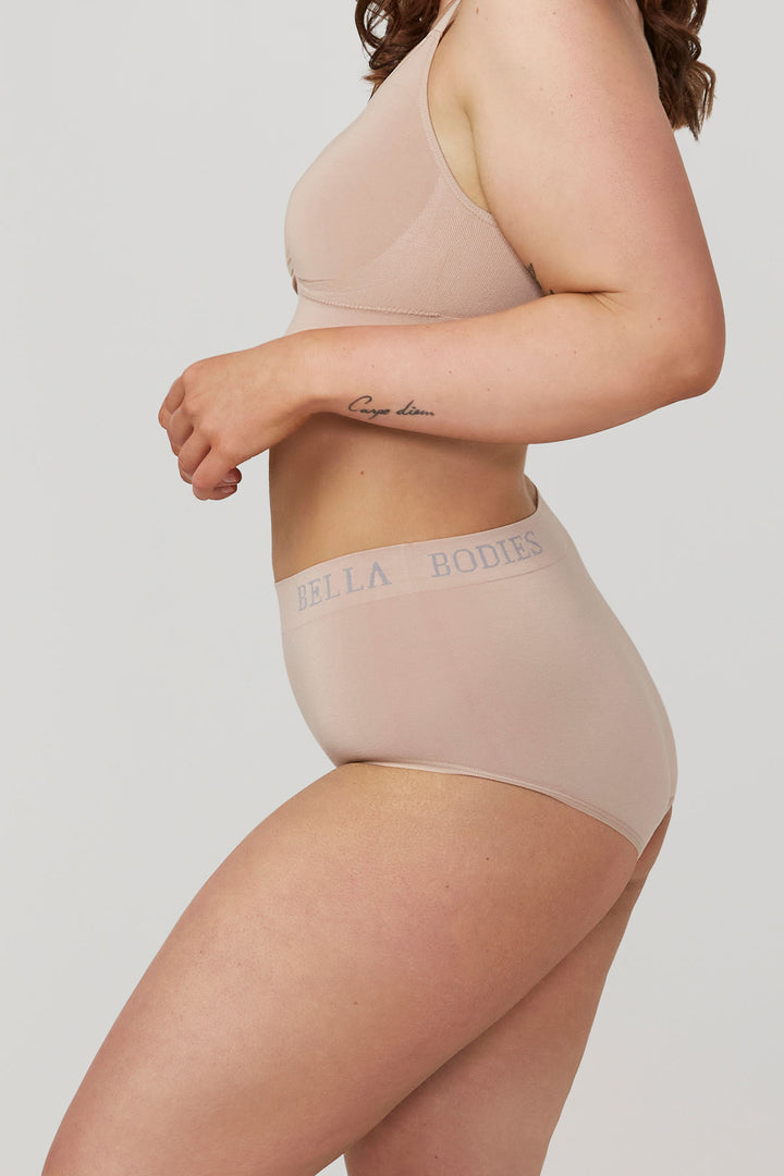Eco-friendly High Waist Breathable Bamboo Underwear | Double pack | Bella Bodies UK | Sand | Side